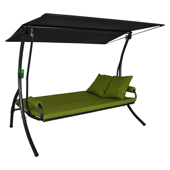 Hollywoodschaukel Elegance Joy - B x T x H: 210 x 145 x 160 cm, Grün, Liegefunktion - Ein schickes schwarzes Schaukelliegen-Set mit grünen Polstern und Kissen, ideal für entspannende Stunden im Freien. Das robuste Gestell und die bequeme Ausstattung laden zum Verweilen ein.