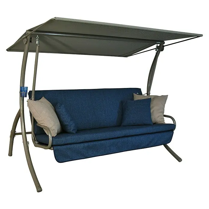 Hollywoodschaukel Drift Smart - B x T x H: 210 x 145 x 160 cm, Denim, Liegefunktion - Eine graue Gartenschaukel mit blauem Sitzkissen und Überdachung, ideal zum Entspannen im Freien. Inklusive bequemer Kissen für zusätzlichen Komfort.