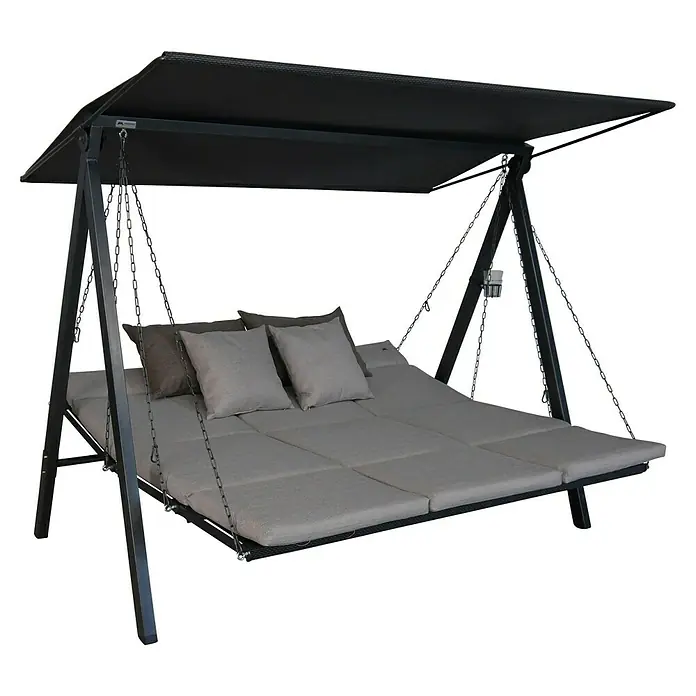 Hollywoodschaukel Lounge Smart - B x T x H: 210 x 145 x 160 cm, Sand, Liegefunktion - Entspannen Sie stilvoll auf dieser grauen Hängematte mit Kissen und Überdachung, perfekt für den Garten.