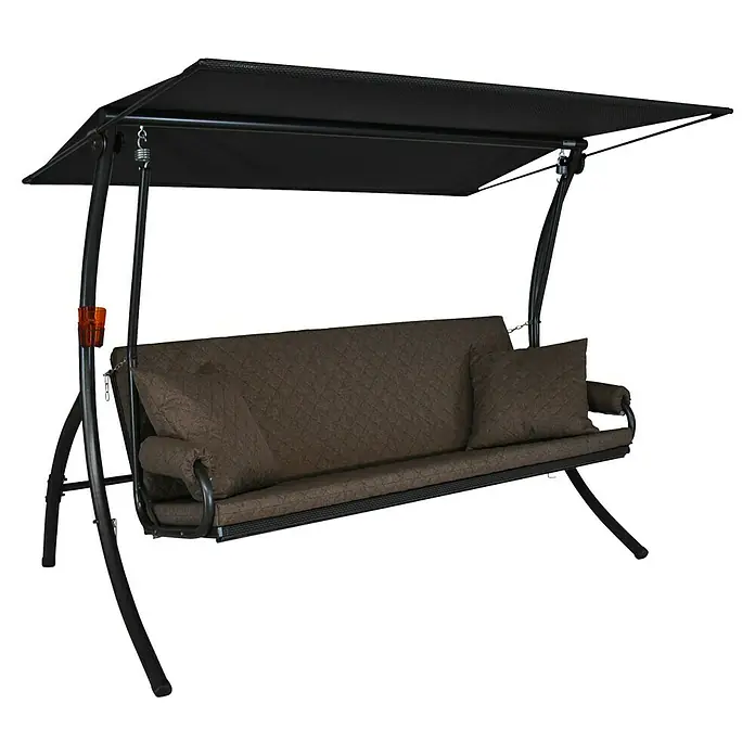Hollywoodschaukel Elegance Joy - B x T x H: 210 x 145 x 160 cm, Taupe, Liegefunktion - Elegante Gartenschaukel mit braunen Kissen und schwarzem Rahmen für entspannte Stunden im Freien.