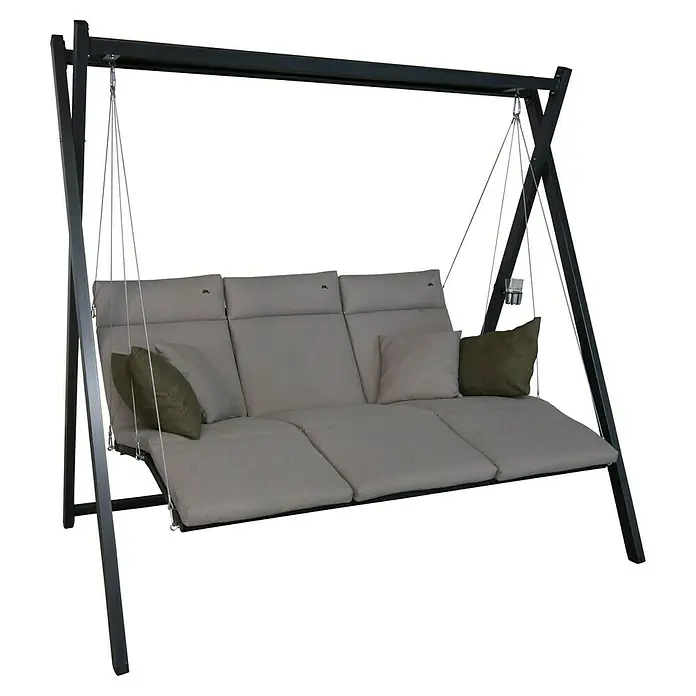 Hollywoodschaukel Relax Smart - B x T x H: 220 x 150 x 210 cm, Sand, Liegefunktion - Elegante Hollywoodschaukel mit drei Sitzen, grauen Kissen und dunklem Metallrahmen für entspannte Stunden im Freien.