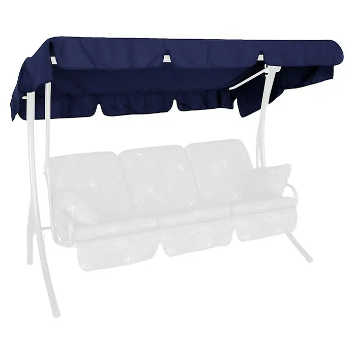 Ersatzdach - Passend für: Angerer 3-Sitzer Hollywoodschaukeln, Blau, PE-Bändchengewebe - Eine elegante Gartenschaukel mit einem dunkelblauen Baldachin und weißen Polstern, die Komfort und Schatten bietet.
