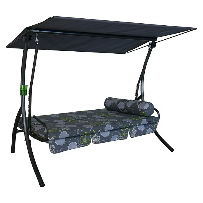 Hollywoodschaukel Dream - B x T x H: 210 x 145 x 160 cm, Grau, Liegefunktion - Gartenschaukelbett mit grauem Blumendesign und schwarzem Gestell, ideal zum Entspannen im Freien.