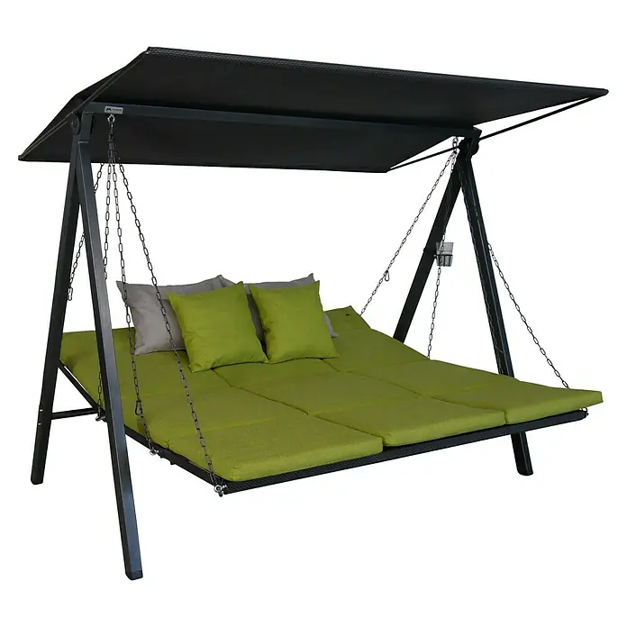 Hollywoodschaukel Lounge Smart - B x T x H: 210 x 145 x 160 cm, Lime, Liegefunktion - Großes Hollywoodschaukel-Bett mit dunkelgrauem Gestell, grünen Kissen und Überdachung.