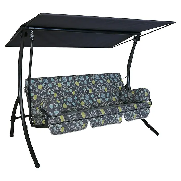 Hollywoodschaukel Dream - B x T x H: 210 x 145 x 160 cm, Riva, Liegefunktion - Eine stilvolle, blumengemusterte Hollywoodschaukel mit einem schwarzen Gestell und einem passenden Sonnendach, ideal für den Garten.