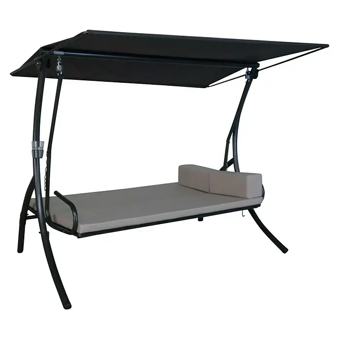 Angerer Hollywoodschaukel Elegance Tolar - B x T x H: 210 x 145 x 160 cm, Beige, Liegefunktion - Graue Gartenschaukel mit schwarzem Baldachin und hellgrauen Kissen, ideal zum Entspannen im Freien.