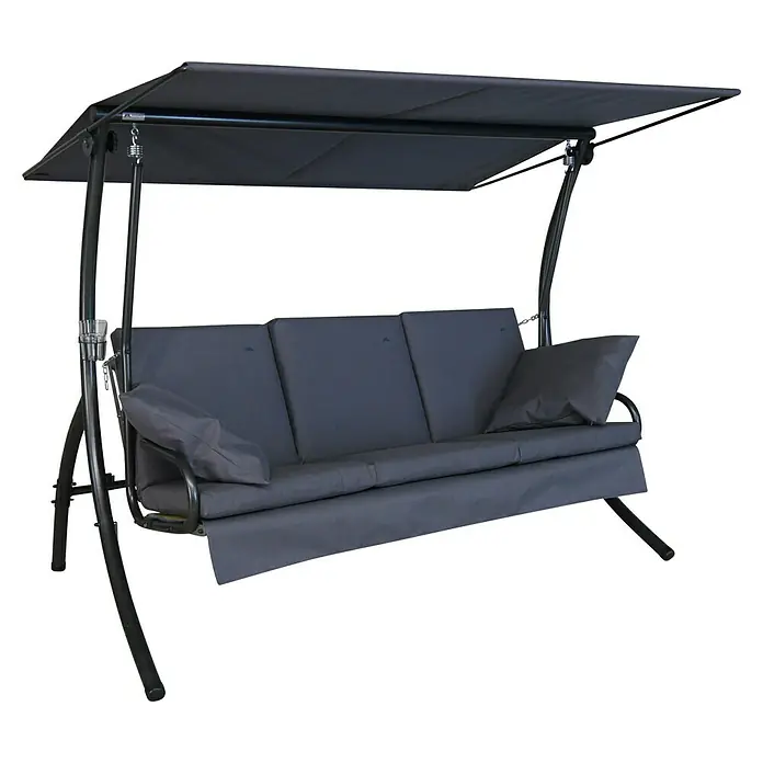 Hollywoodschaukel Loft Sun - B x T x H: 210 x 145 x 160 cm, Anthrazit, Liegefunktion - Graue Hollywoodschaukel mit Kissen und einem schwarzen Metallrahmen. Ideal für den Garten oder die Terrasse zum Entspannen.