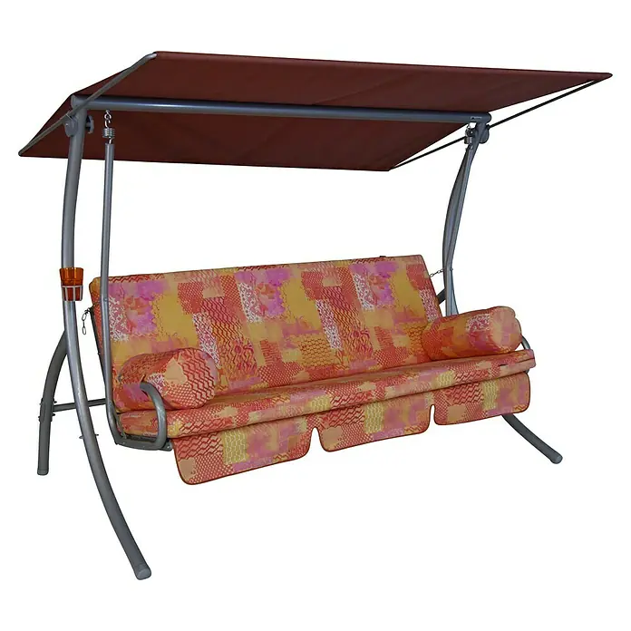 Hollywoodschaukel DreamB x T x H: 210 x 145 x 160 cm, California, Liegefunktion - Abgebildete Gartenschaukel mit farbenfrohen Polstern und einem schützenden Dach. Ideal für entspannte Stunden im Freien.