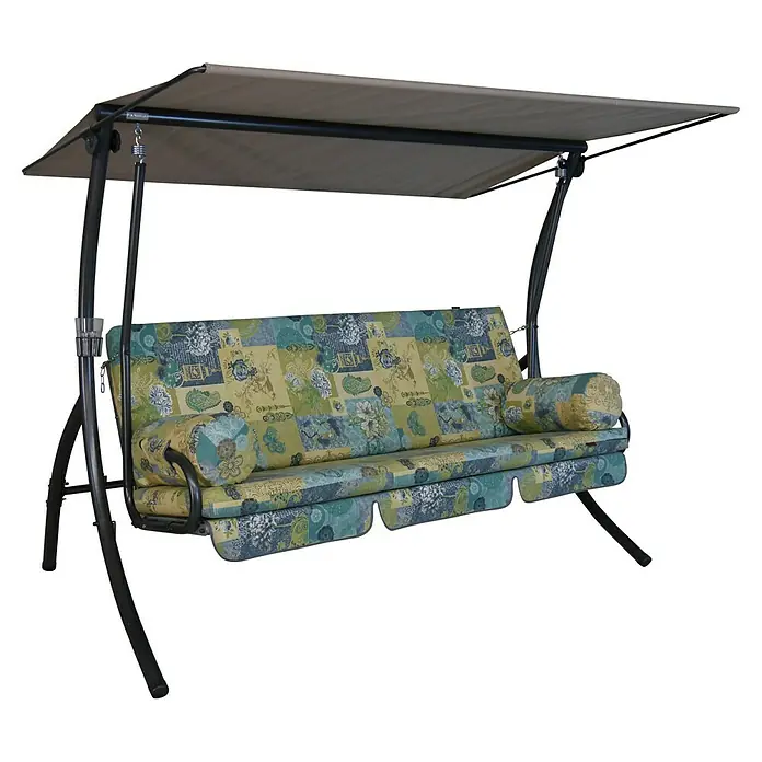 Hollywoodschaukel DreamB x T x H: 210 x 145 x 160 cm, Neuburg beige, Liegefunktion - Eine detailreiche Aufnahme einer Gartenschaukel mit einem bunten, floralen Muster, die zum Entspannen im Freien einlädt.