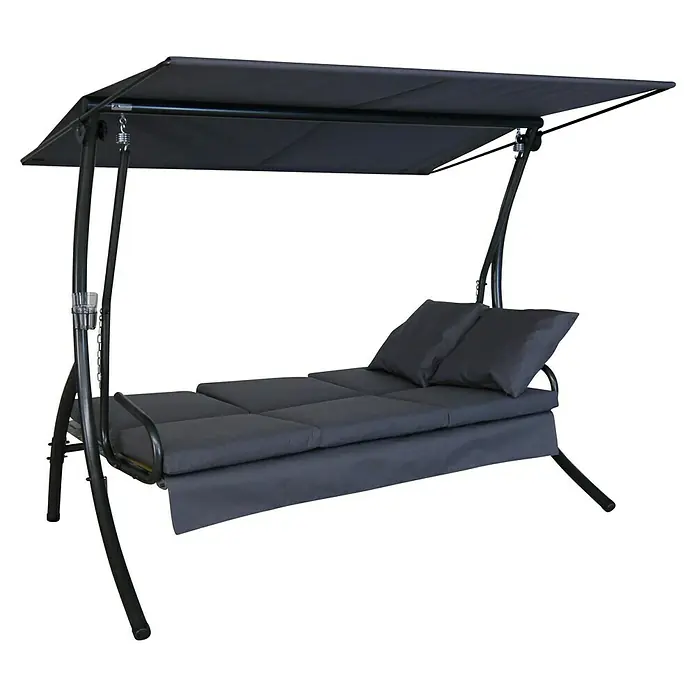 Hollywoodschaukel Loft Sun - B x T x H: 210 x 145 x 160 cm, Anthrazit, Liegefunktion - Schwarze Hollywoodschaukel mit gepolsterter Liegefläche und Überdachung. Ideal zum Entspannen im Garten oder auf der Terrasse.