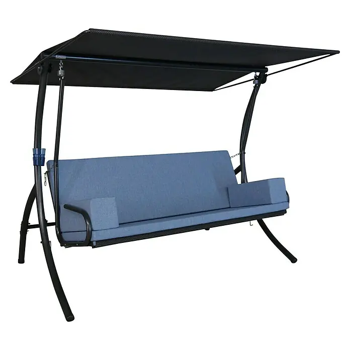 Angerer Hollywoodschaukel Elegance Tolar - B x T x H: 210 x 145 x 160 cm, Blau, Liegefunktion - Eine blaue Hollywoodschaukel mit einem schwarzen Gestell und Sonnendach, die zum Entspannen im Garten einlädt.