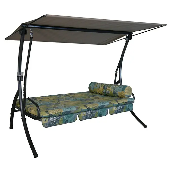 Hollywoodschaukel DreamB x T x H: 210 x 145 x 160 cm, Neuburg beige, Liegefunktion - Das Bild zeigt eine stilvolle, gepolsterte Hollywoodschaukel mit einem schützenden Sonnendach, ideal zum Entspannen im Garten oder auf der Terrasse.
