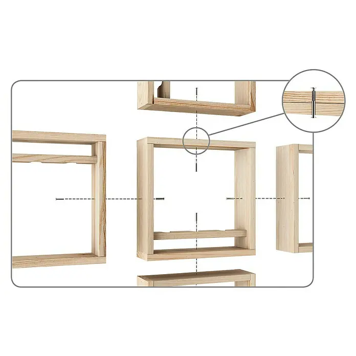Astigarraga Weinregal - L x B x H: 12 x 40 x 40 cm, Holz, Anzahl Flaschen: 3 Stk. - Das Bild zeigt eine Nahaufnahme von Holzrahmen, die mit Stiften befestigt werden. Die Rahmen sind hell und scheinen Teil eines DIY-Projekts zu sein.