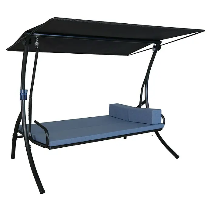 Angerer Hollywoodschaukel Elegance Tolar - B x T x H: 210 x 145 x 160 cm, Blau, Liegefunktion - Gartenschaukel mit blauem Kissen und schwarzem Baldachin für entspannte Stunden im Freien. Komfortable Outdoor-Möbel zum Relaxen.