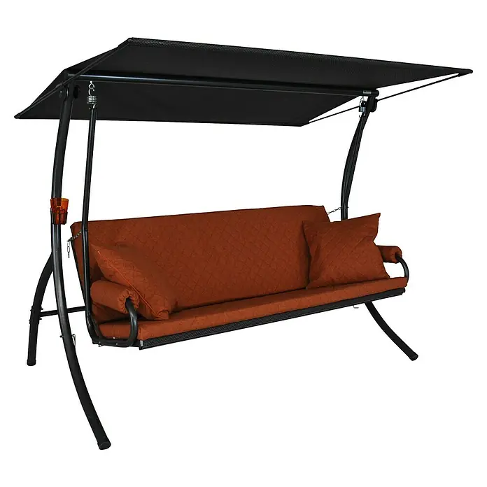 Hollywoodschaukel Elegance Joy - B x T x H: 210 x 145 x 160 cm, Terrakotta, Liegefunktion - Schaukelbank mit schwarzem Rahmen und orangefarbenen Kissen. Ideal für den Garten und bietet entspannende Momente im Freien.