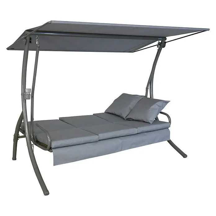 Hollywoodschaukel Loft Sun - B x T x H: 210 x 145 x 160 cm, Granit, Liegefunktion - Eine graue Hollywoodschaukel mit einem gepolsterten Bett und Kissen für entspannte Stunden im Freien.