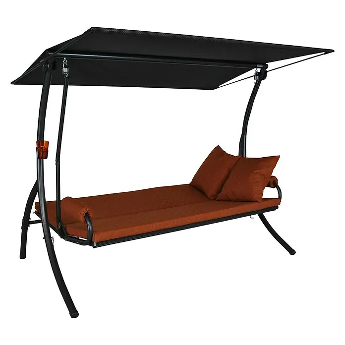 Hollywoodschaukel Elegance Joy - B x T x H: 210 x 145 x 160 cm, Terrakotta, Liegefunktion - Eine stilvolle Gartenschaukel mit schwarzem Rahmen, braunen Polstern und Sonnendach für entspannte Stunden im Freien.