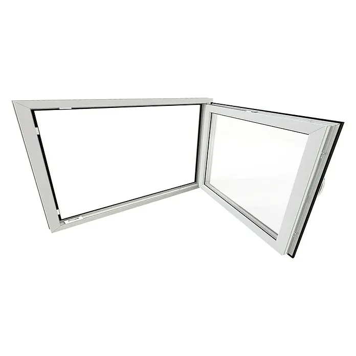 Solid Elements Ventana para sótano - An x Al: 80 x 40 cm, Apertura según normativa: Derecha, Blanco - Una ventana blanca de apertura interior con un marco y un vidrio se muestra sobre un fondo negro.