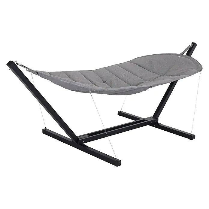 Outfit Hängematten-Set - L x B x H: 320 x 141 x 116 cm, Grau/Schwarz - Eine graue Hängematte mit einem schwarzen Metallgestell ist auf dem Bild zu sehen. Gemütlichkeit für entspannte Stunden im Freien.