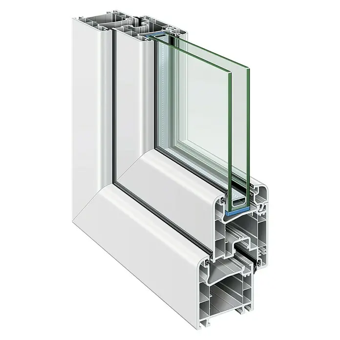 Solid Elements Kellerfenster - B x H: 80 x 40 cm, DIN Anschlag: Rechts, Weiß - Nahaufnahme eines Schnittmodells eines weißen Kunststofffensters, das die Struktur und das Isolierglas detailliert zeigt.