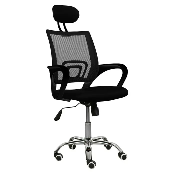 Silla de oficina Gemma - Negro, Reposacabezas - Imagen de una silla de oficina con respaldo de malla, reposacabezas ajustable y base cromada con ruedas.