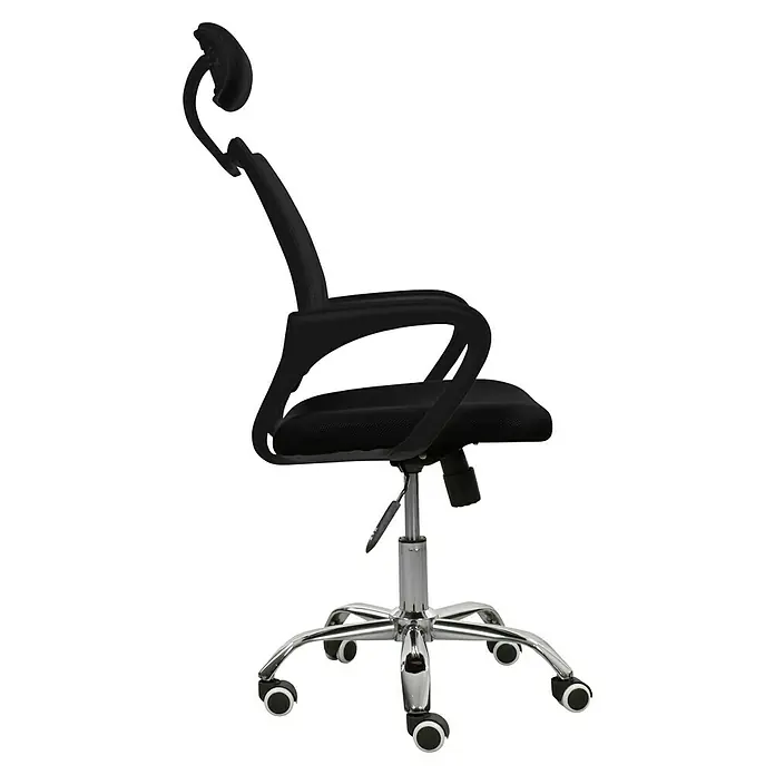 Silla de oficina Gemma - Negro, Reposacabezas - Una silla ergonómica de oficina negra con reposacabezas ajustable y base cromada para un confort óptimo.