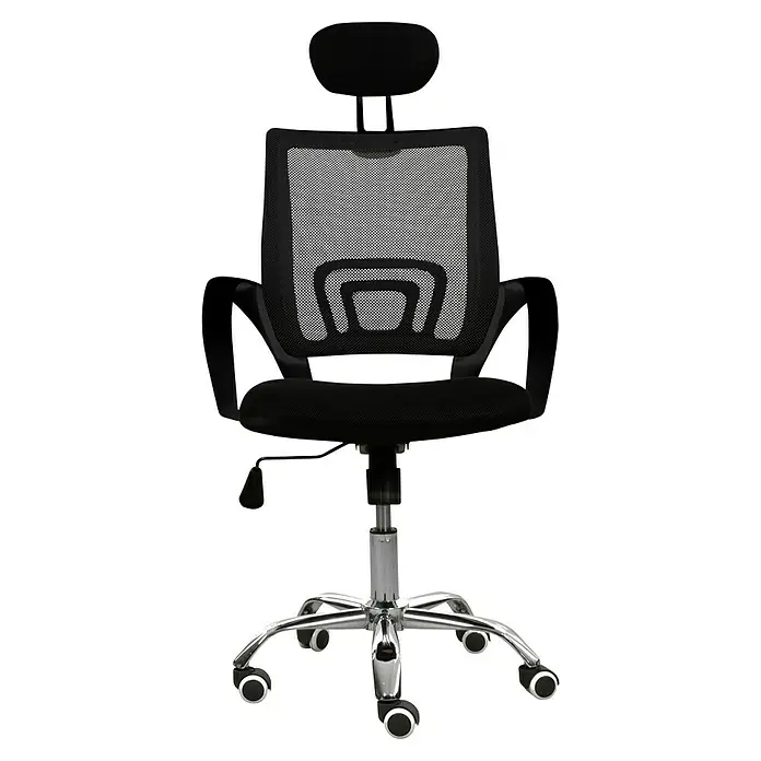 Silla de oficina Gemma - Negro, Reposacabezas - Silla de oficina negra con reposacabezas y reposabrazos ajustables. La base es de cromo y tiene ruedas.