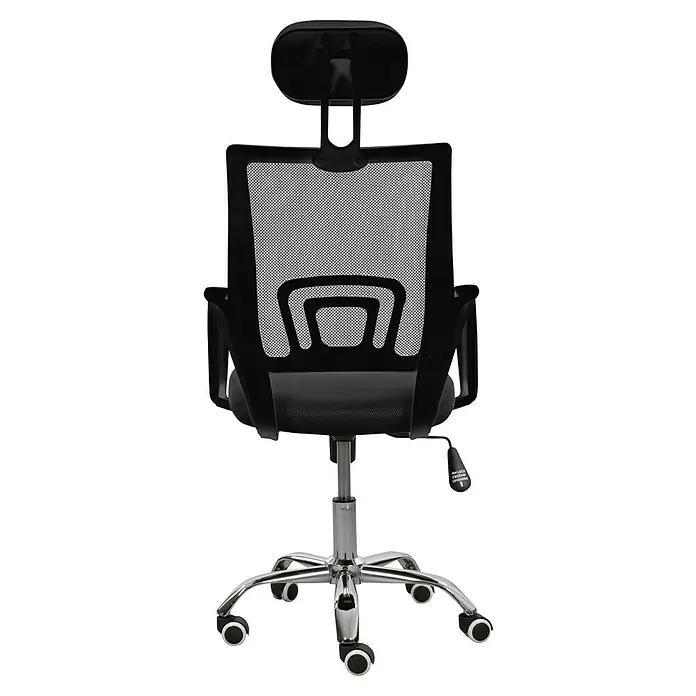 Silla de oficina Gemma - Negro, Reposacabezas - Vista posterior de una silla de oficina ergonómica con reposacabezas ajustable y malla transpirable para confort y apoyo.
