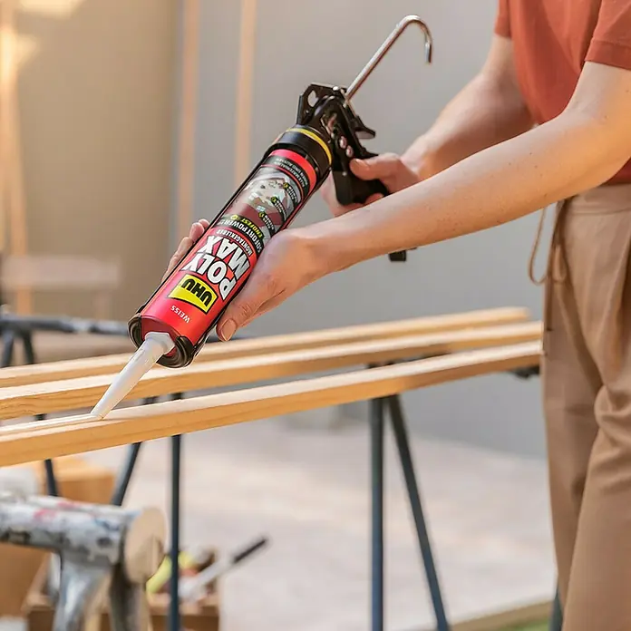 UHU Poly Max Montagekleber Sofort Power - Weiß, 425 g, Kartusche - Nahaufnahme einer Person, die eine UHU POLY MAX Kartusche mit einer Auspresspistole auf ein Holzstück aufträgt.