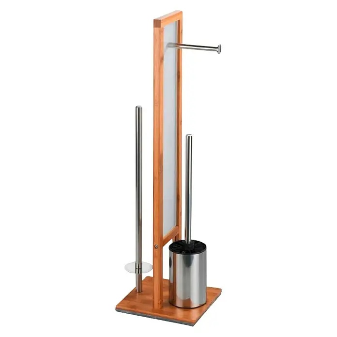 Wenko WC-Bürstengarnitur - 23 x 18 x 70 cm, Glas, Natur - Freistehende Toilettenpapierhalterung mit Bürste und Bürstenhalter aus Bambus und Edelstahl. Praktisches Badzubehör.