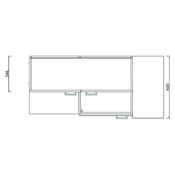 Respekta Miniküche Levin - 130 cm, Weiß, Mit Glaskeramikkochfeld - Ansicht eines Unterschranks mit Schubladen, der eine praktische Aufbewahrungslösung darstellt. Die Maße sind eingezeichnet.