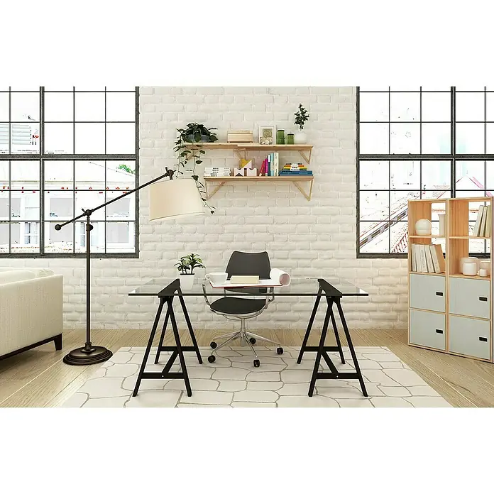 Astigarraga Holzbock Deco - Tragkraft: 400 kg, Höhe: 72 cm, Kiefer, Schwarz - Helles Büro mit einem modernen Schreibtisch, Bücherregal und einer Stehlampe, die eine angenehme Arbeitsatmosphäre schaffen.