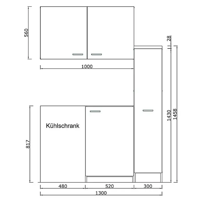 Respekta Miniküche Levin - 130 cm, Weiß, Mit Glaskeramikkochfeld - Küchenzeile mit Maßen. Der Küchenschrank und die Hängeschränke sind im Plan mit genauen Maßen abgebildet.