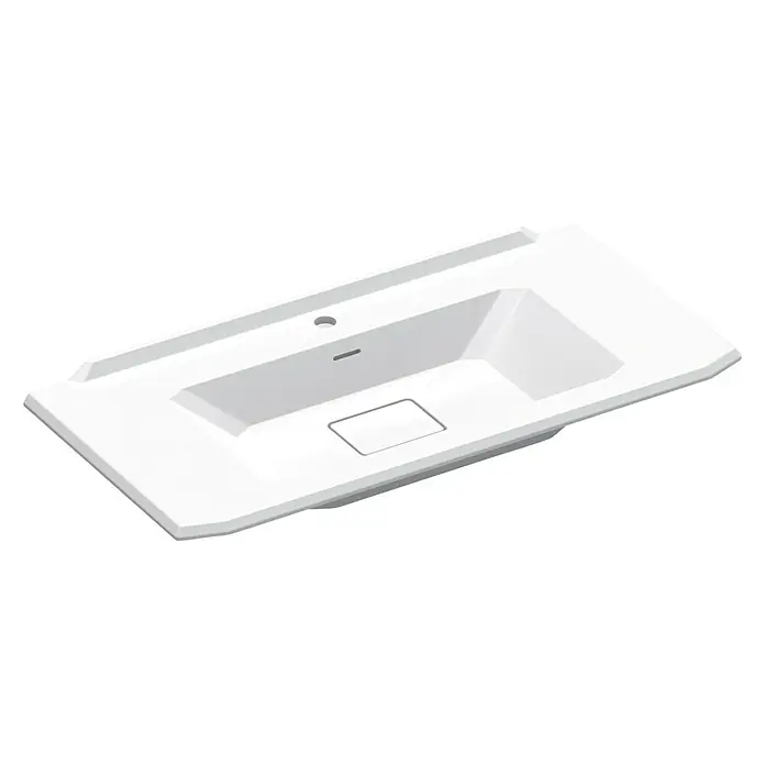 Creabath Lavabo empotrado MX8 - 48,5 x 101 x 16,6 cm, Orificios para grifo: Medio, Blanco, Brillante - Una elegante encimera de lavabo blanca con lavabo integrado y líneas limpias, que complementa un diseño de baño moderno.