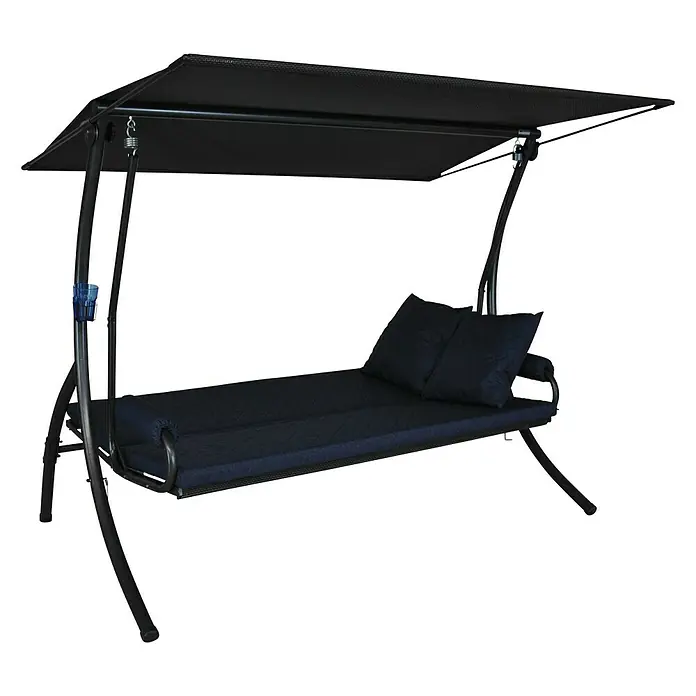 Hollywoodschaukel Elegance JoyB x T x H: 210 x 145 x 160 cm, Blau, Liegefunktion - Eine stilvolle, schwarze Gartenschaukel mit Dach und bequemen Kissen für entspannende Stunden im Freien.