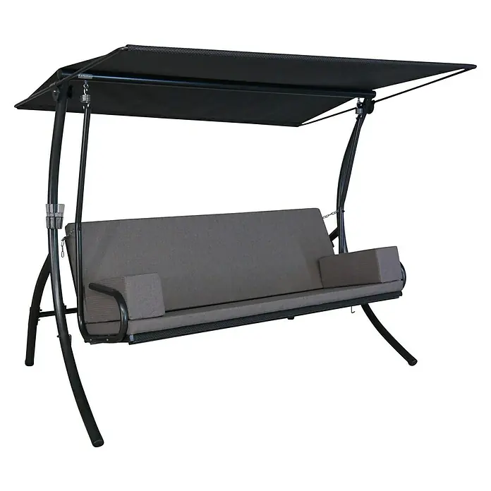 Angerer Hollywoodschaukel Elegance Tolar - B x T x H: 210 x 145 x 160 cm, Taupe, Liegefunktion - Abgebildete, graue Hollywoodschaukel mit einem schwarzen Gestell und einem schwarzen Sonnendach für entspannte Stunden im Garten.