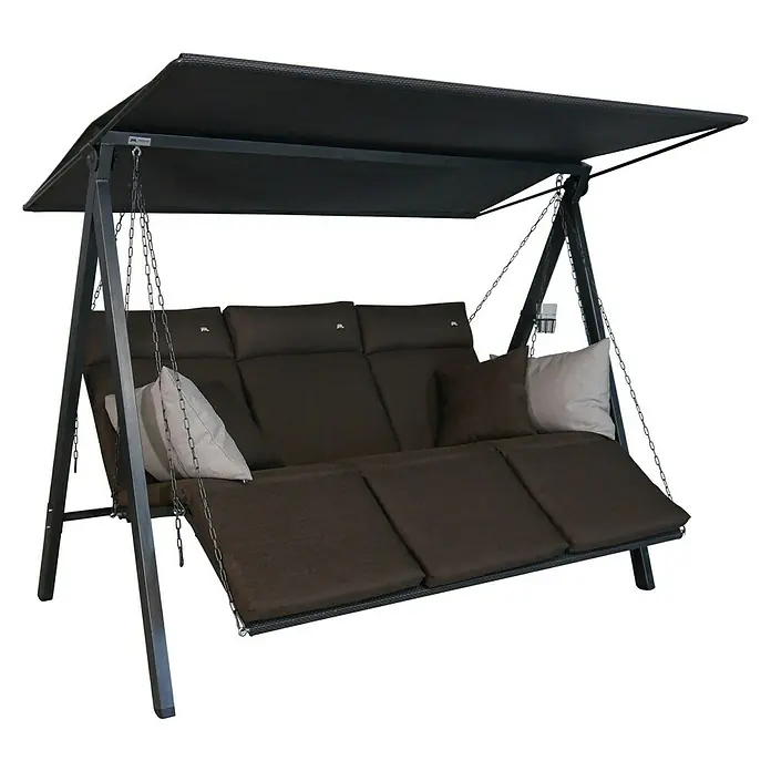 Hollywoodschaukel Lounge SmartB x T x H: 210 x 145 x 160 cm, Coffee, Liegefunktion - Eine stilvolle Hollywoodschaukel mit dunkelbraunen Kissen und einem schwarzen Sonnendach, ideal für entspannende Stunden im Garten.