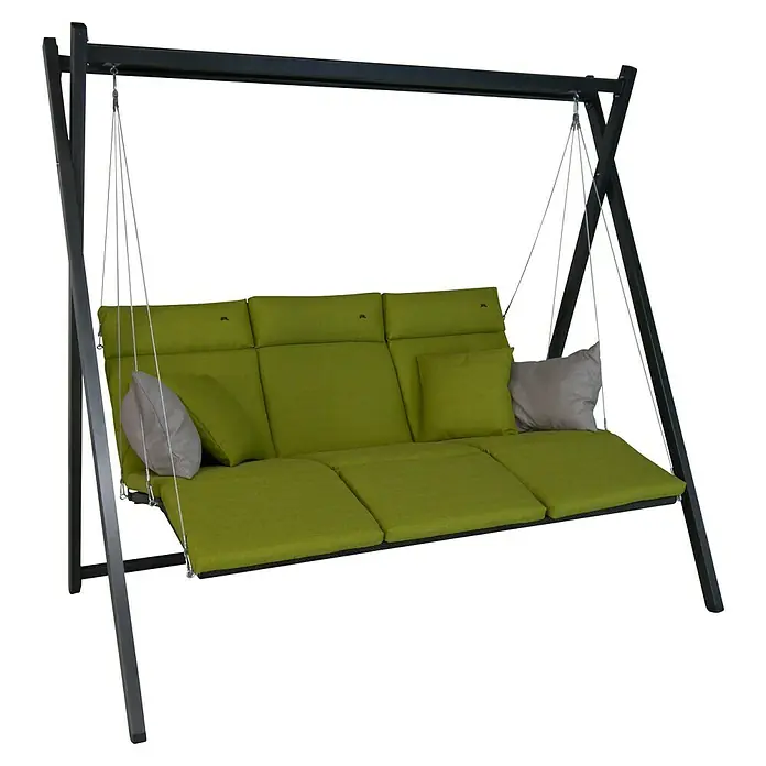 Hollywoodschaukel Relax Smart - B x T x H: 220 x 150 x 210 cm, Lime, Liegefunktion - Eine stilvolle Gartenschaukel mit bequemen grünen Polstern und grauen Kissen, ideal für entspannte Stunden im Freien.