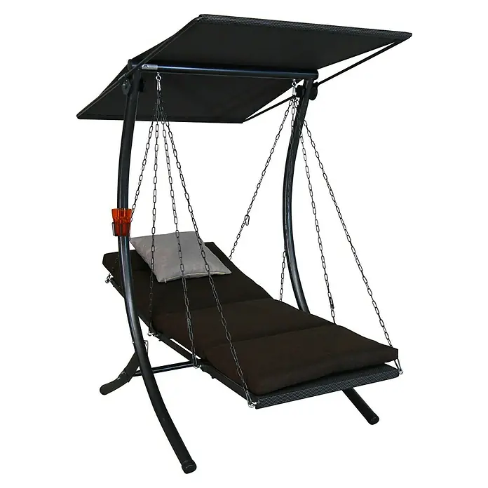 Hollywoodschaukel Swing Smart - B x T x H: 100 x 145 x 160 cm, Coffee, Liegefunktion - Entspannen Sie stilvoll auf dieser modernen, schwarzen Schaukelliege mit Sonnendach und grauem Kissen.