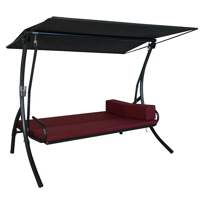 Angerer Hollywoodschaukel Elegance Tolar - B x T x H: 210 x 145 x 160 cm, Rot, Liegefunktion - Gartenhängeliege mit roter Auflage und schwarzem Gestell und Sonnendach. Die perfekte Entspannungsoase für den Garten oder die Terrasse.