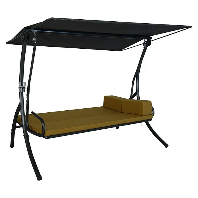 Angerer Hollywoodschaukel Elegance Tolar - B x T x H: 210 x 145 x 160 cm, Ocker, Liegefunktion - Eine Gartenschaukel mit schwarzen Metallrahmen und einem senfgelben Polster. Ideal zum Entspannen im Freien.
