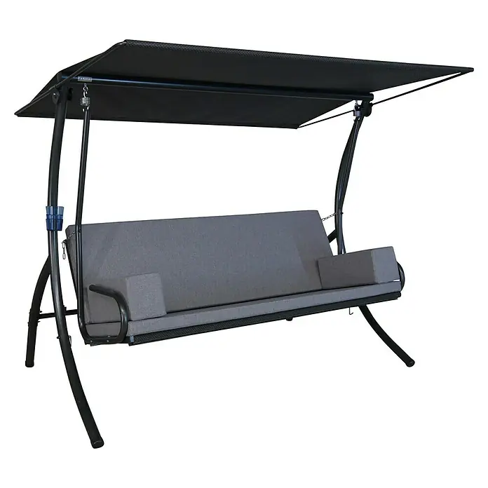 Angerer Hollywoodschaukel Elegance Tolar - B x T x H: 210 x 145 x 160 cm, Grau, Liegefunktion - Eine graue Gartenschaukel mit einem schwarzen Rahmen und einem schwarzen Baldachin für den Außenbereich.