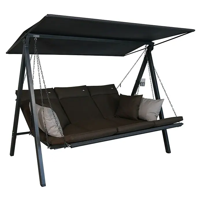 Hollywoodschaukel Lounge SmartB x T x H: 210 x 145 x 160 cm, Coffee, Liegefunktion - Elegante Gartenschaukel mit großzügigen braunen Kissen und einem schützenden schwarzen Baldachin, ideal für entspannte Stunden im Freien.