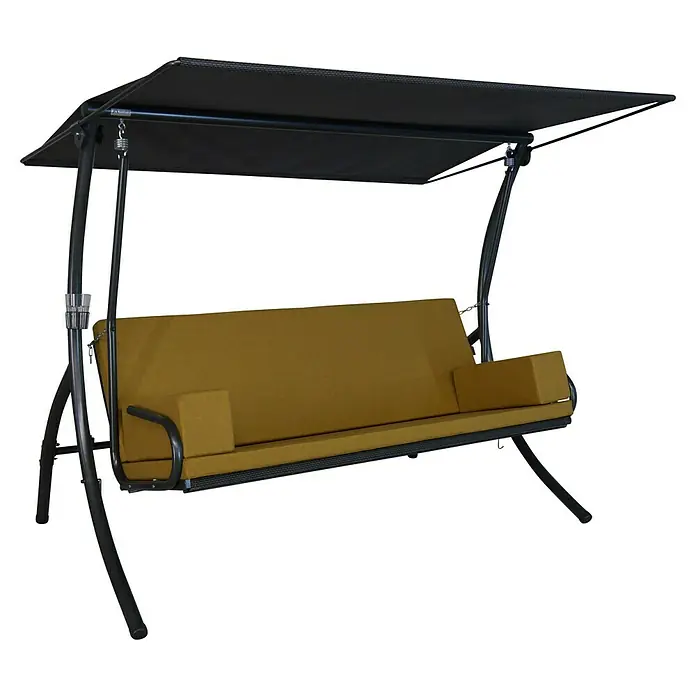 Angerer Hollywoodschaukel Elegance Tolar - B x T x H: 210 x 145 x 160 cm, Ocker, Liegefunktion - Eine Hollywoodschaukel mit einem schwarzen Gestell und einem gelben Polster. Die Schaukel hat ein Dach und zwei Armlehnen.