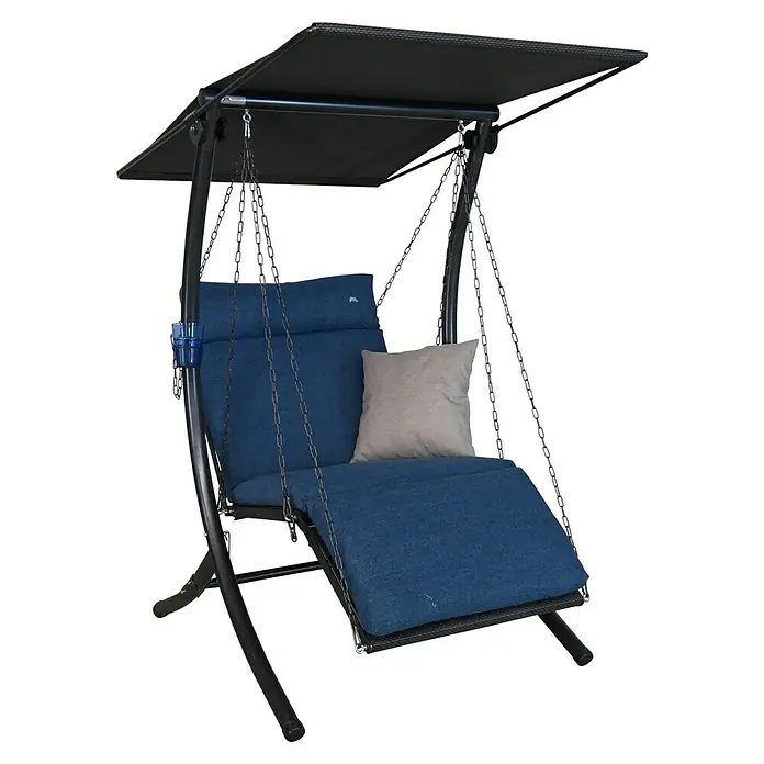 Hollywoodschaukel Swing Smart - B x T x H: 100 x 145 x 160 cm, Denim, Liegefunktion - Die Hängematte mit Baldachin bietet Entspannung im Freien. Die blaue Polsterung und das graue Kissen laden zum Verweilen ein.