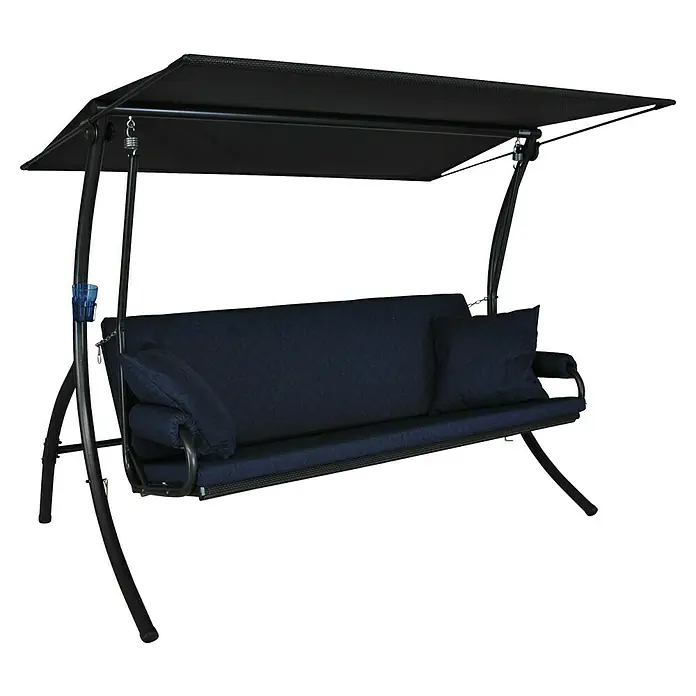 Hollywoodschaukel Elegance JoyB x T x H: 210 x 145 x 160 cm, Blau, Liegefunktion - Diese Abbildung zeigt eine blaue Hollywoodschaukel mit Überdachung und Kissen, ideal für den Garten oder die Terrasse.
