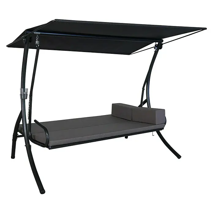 Angerer Hollywoodschaukel Elegance Tolar - B x T x H: 210 x 145 x 160 cm, Taupe, Liegefunktion - Eine stilvolle, graue Hollywoodschaukel mit schwarzem Rahmen und Sonnendach für entspannte Stunden im Freien.