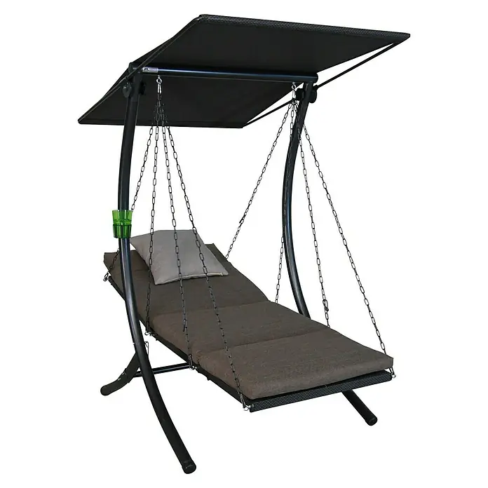 Hollywoodschaukel Swing SmartB x T x H: 100 x 145 x 160 cm, Olive, Neigbar (Dach) - Hängeliege mit Sonnendach. Die Liege hat eine braune Auflage, ein graues Kissen und einen grünen Getränkehalter.