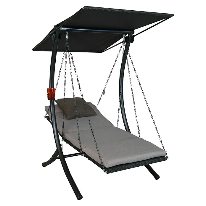 Hollywoodschaukel Swing Smart - B x T x H: 100 x 145 x 160 cm, Sand, Liegefunktion - Nahaufnahme einer grauen Hängeliege mit Sonnendach und Kissen, die an Ketten von einem schwarzen Gestell hängt.