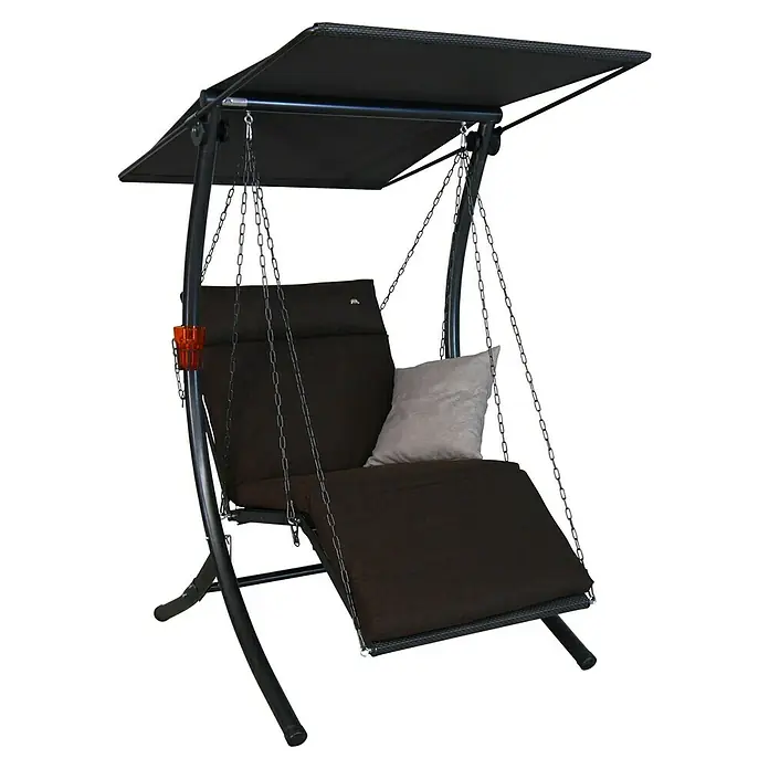 Hollywoodschaukel Swing Smart - B x T x H: 100 x 145 x 160 cm, Coffee, Liegefunktion - Eine stilvolle Hängeliege mit Sonnendach und braunen Polstern, ideal für entspannte Stunden im Freien.